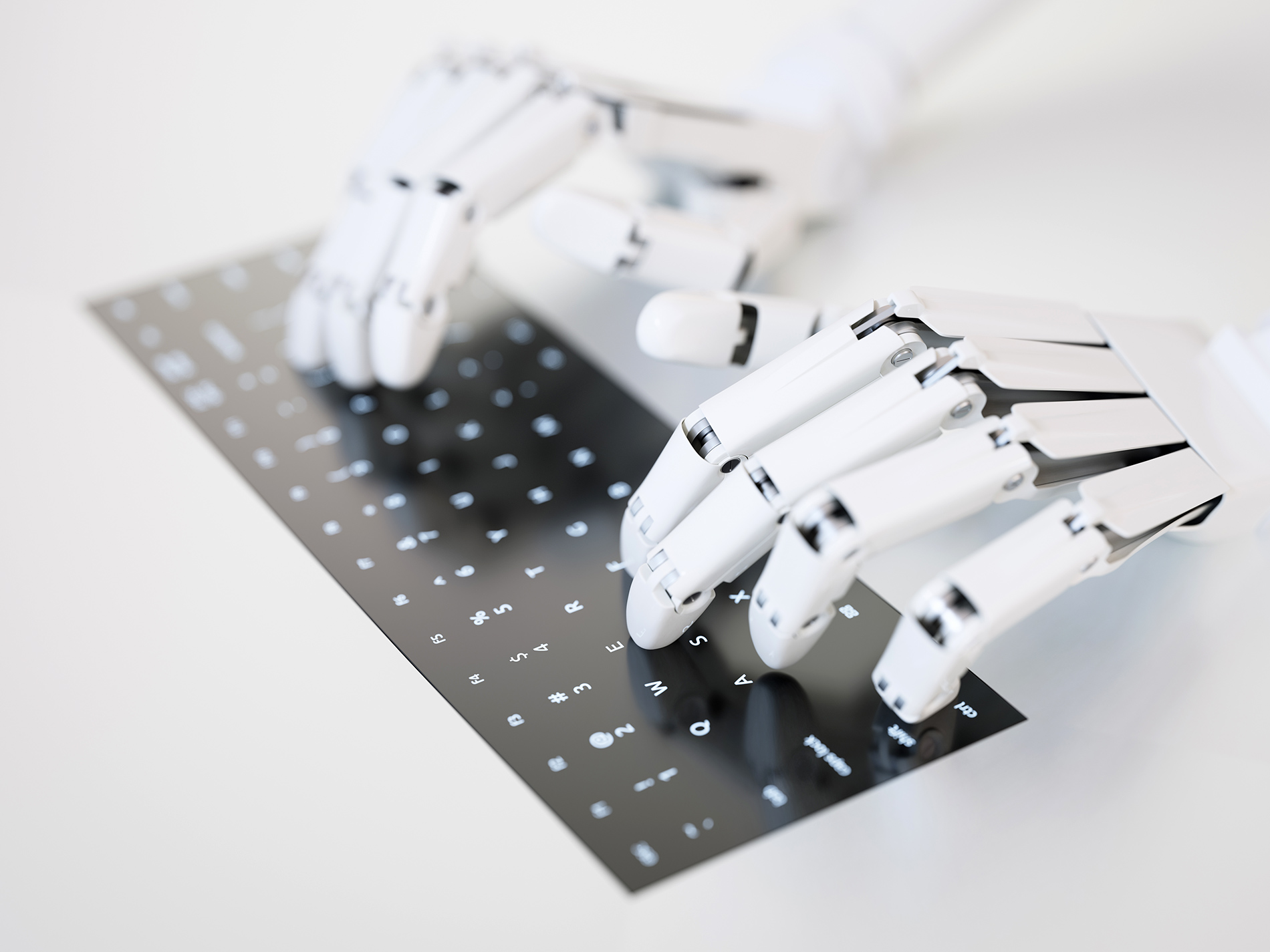 robot hands typing on screen keyboard