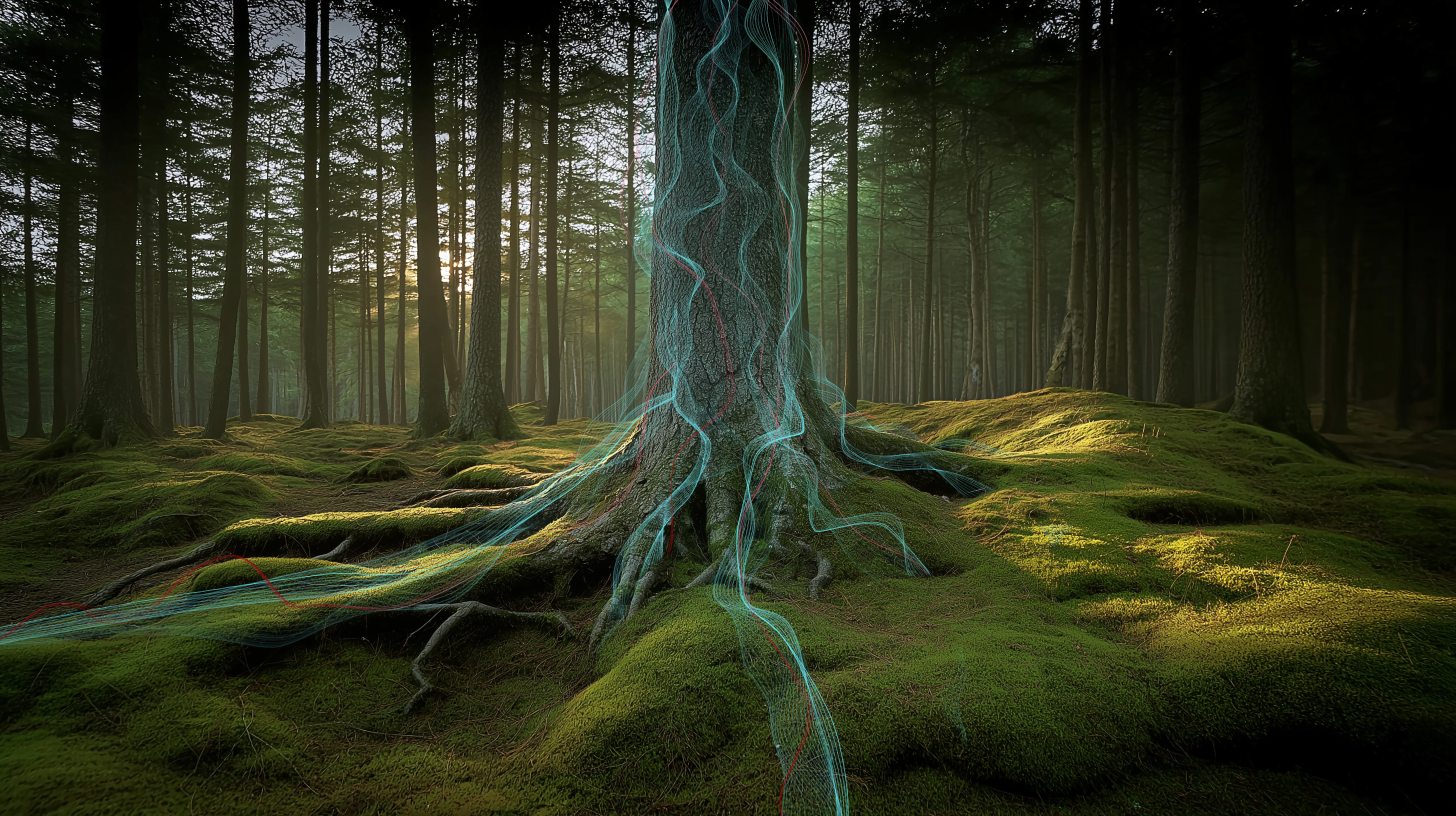 Picture of a beautiful forest with a data stream running up a tree, representing the evolution of AI.