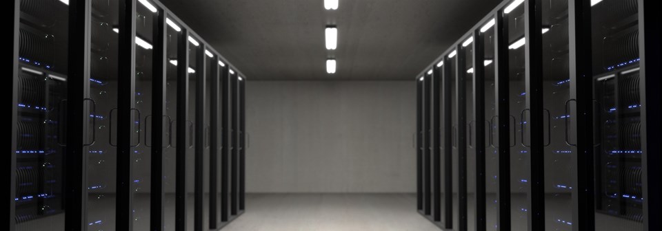 cybersecurity technology, aisle in server racks at data center