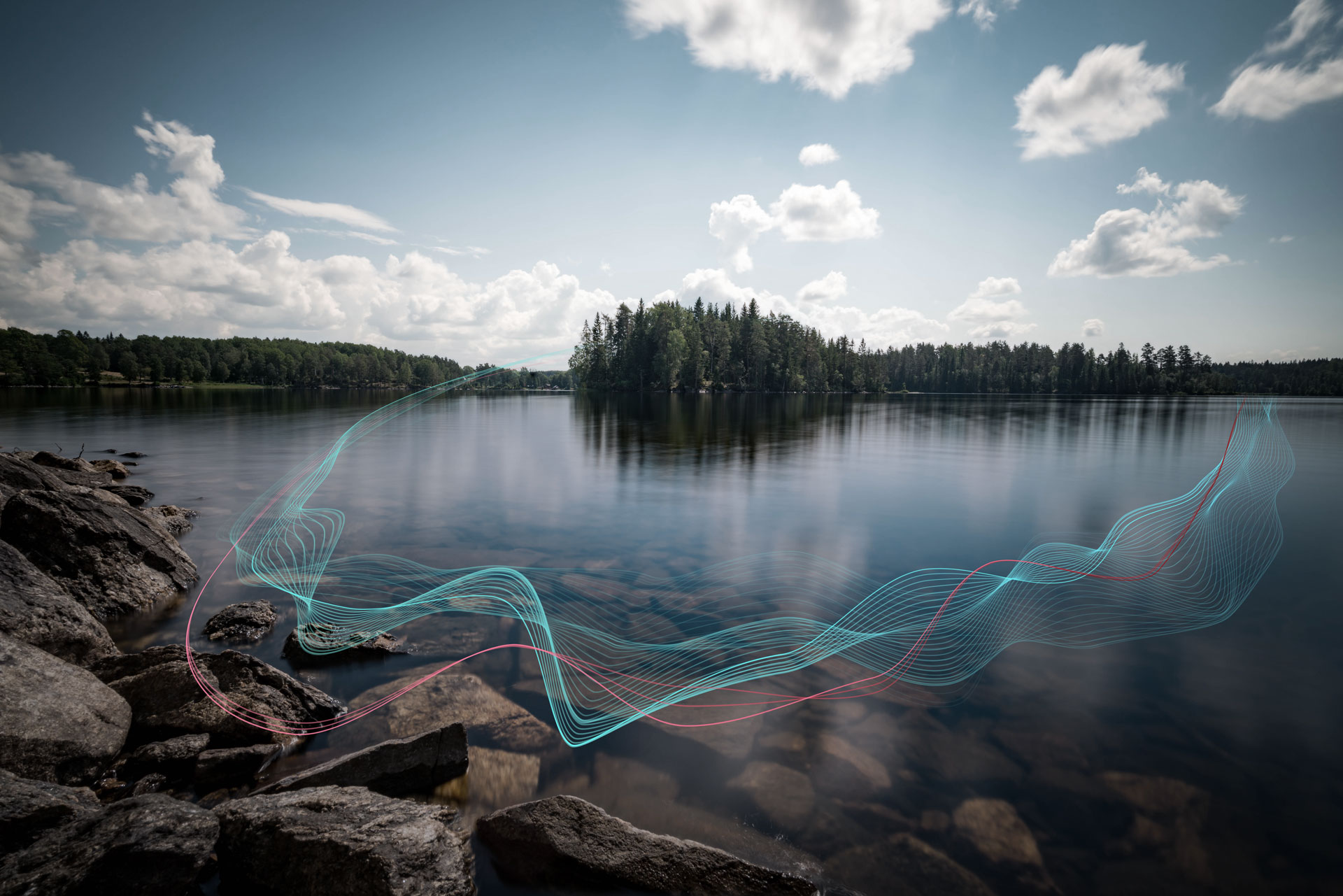 A river shore overlooking a forest, with a data stream representing AI flowing over the water.