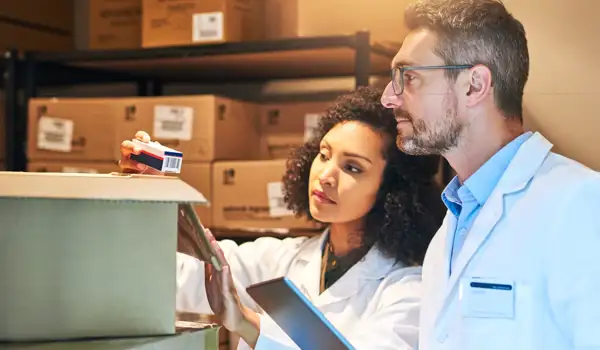 Man and woman in a packaging room
