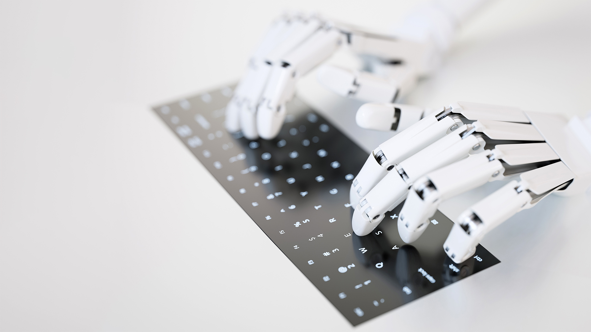 robot hands typing on screen keyboard