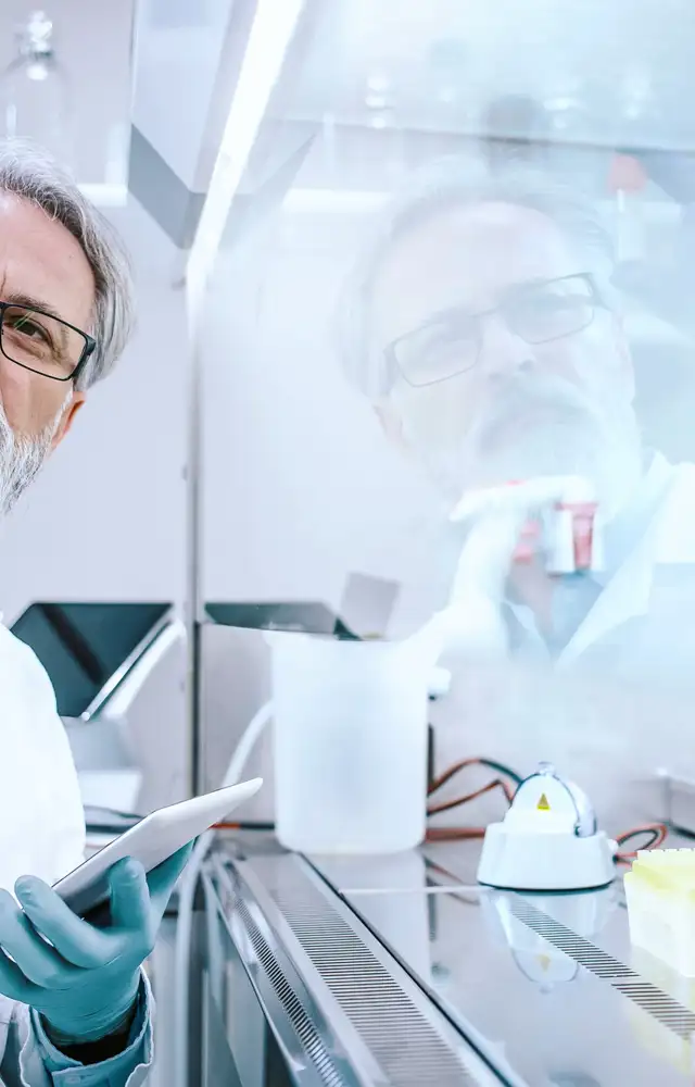 Man with beard looking at an sample