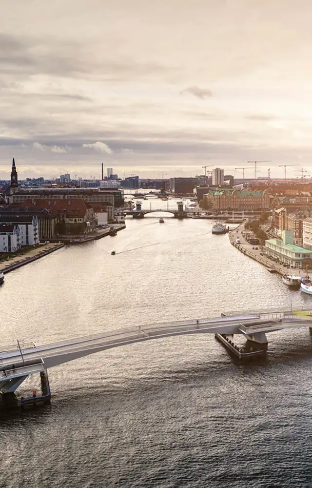 A bridge over the water in a busy city