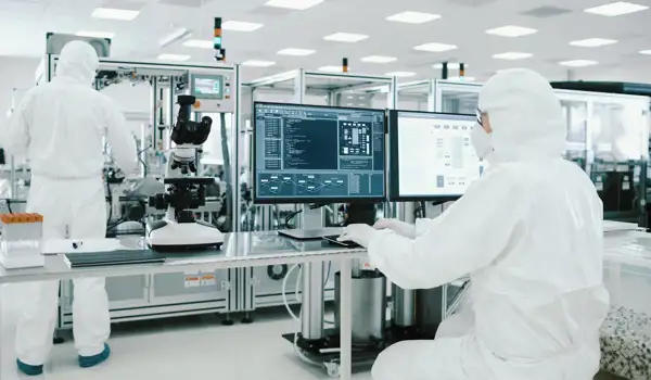 Two laboratory employees working in a lab